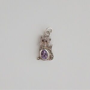 Vintage Sterling Silver Garnet Amethyst Marcasite Pendant Kitty Cat Feline